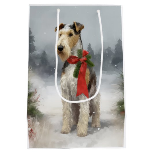 Wirefox Terrier Hond in Sneeuw Kerstmis Medium Cadeauzakje (Achterkant)