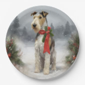 Wirefox Terrier Hond in Sneeuw Kerstmis Papieren Bordje (Voorkant)