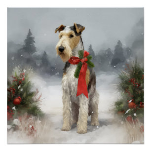 Wirefox Terrier Hond in Sneeuw Kerstmis Perfect Poster