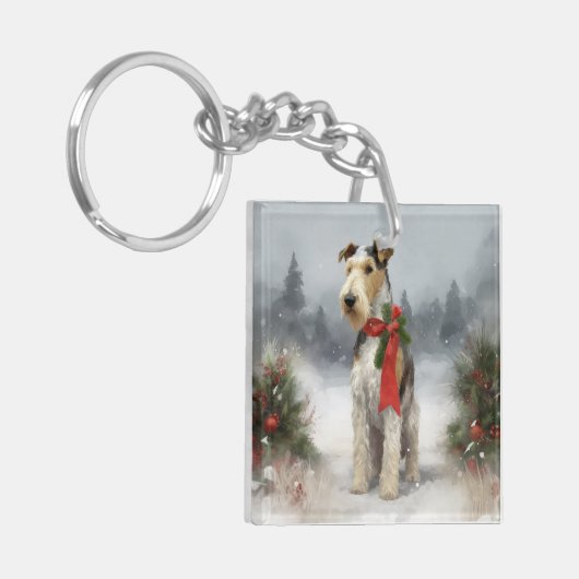 Wirefox Terrier Hond in Sneeuw Kerstmis Sleutelhanger (Voorkant Links)