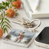 Wirefox Terrier Hond in Sneeuw Kerstmis Sleutelhanger (Voorkant Rechts)