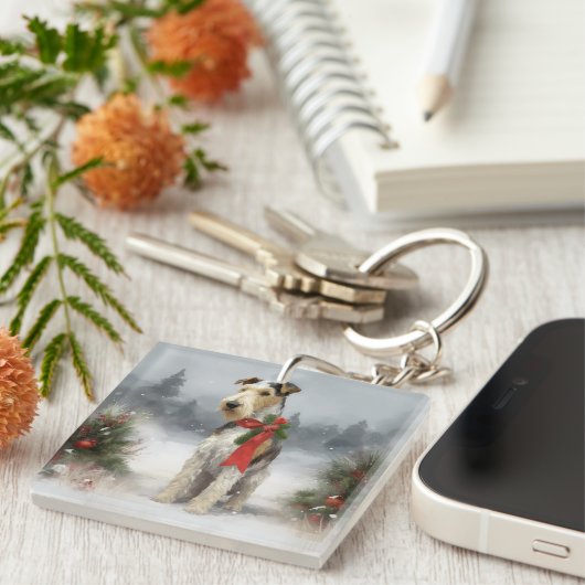 Wirefox Terrier Hond in Sneeuw Kerstmis Sleutelhanger (Voorkant Rechts)