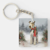 Wirefox Terrier Hond in Sneeuw Kerstmis Sleutelhanger (Voorkant)