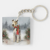 Wirefox Terrier Hond in Sneeuw Kerstmis Sleutelhanger (Achterkant)