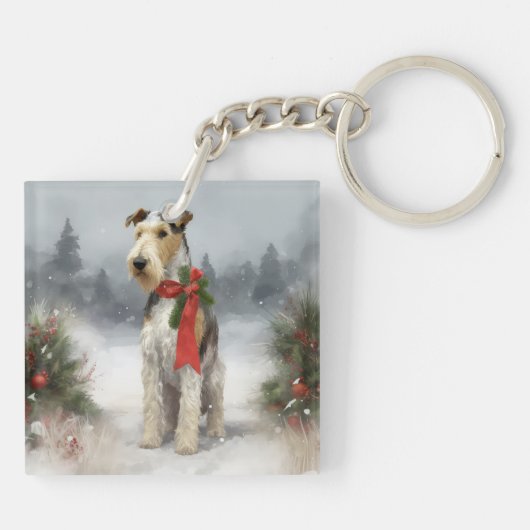 Wirefox Terrier Hond in Sneeuw Kerstmis Sleutelhanger (Achterkant)