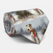 Wirefox Terrier Hond in Sneeuw Kerstmis Stropdas (Opgerold)