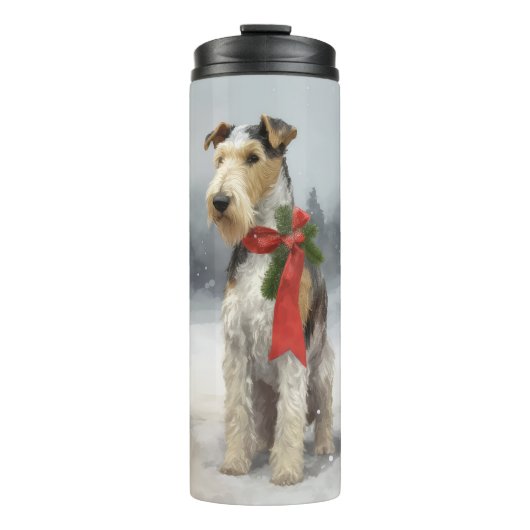 Wirefox Terrier Hond in Sneeuw Kerstmis Thermosbeker (Voorkant)