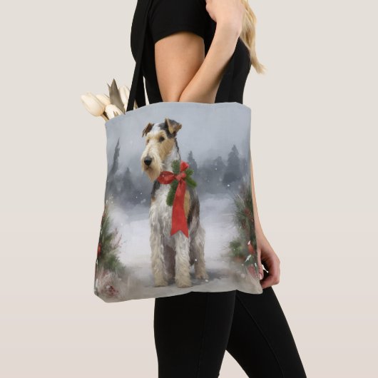 Wirefox Terrier Hond in Sneeuw Kerstmis Tote Bag (Dichtbij)