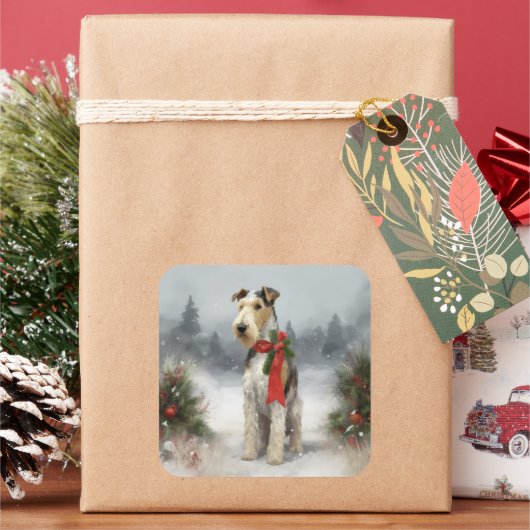Wirefox Terrier Hond in Sneeuw Kerstmis Vierkante Sticker (Feestdagen)