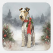 Wirefox Terrier Hond in Sneeuw Kerstmis Vierkante Sticker (Voorkant)