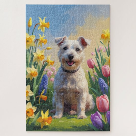 Wirefox Terrier Hond Lente Bloemen Schilderij Legpuzzel (Verticaal)