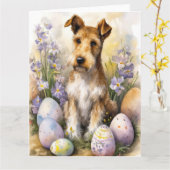Wirefox Terrier Hond met Paaseieren Vakantie Kaart (Gele Bloem)