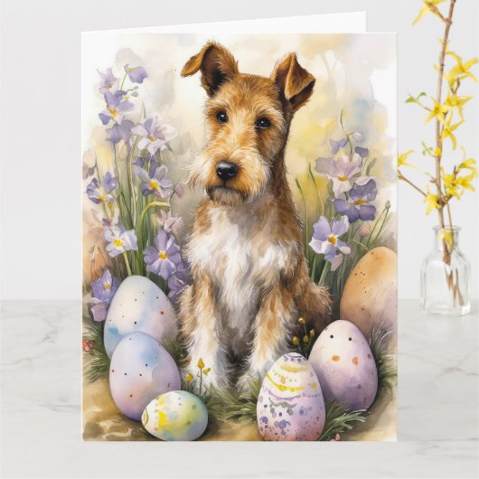 Wirefox Terrier Hond met Paaseieren Vakantie Kaart (Gele Bloem)