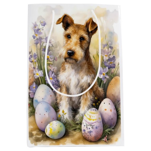 Wirefox Terrier Hond met Paaseieren Vakantie Medium Cadeauzakje (Voorkant)