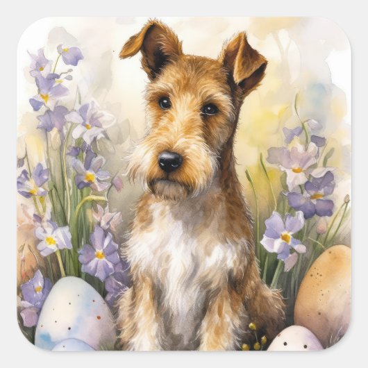 Wirefox Terrier Hond met Paaseieren Vakantie Vierkante Sticker (Voorkant)