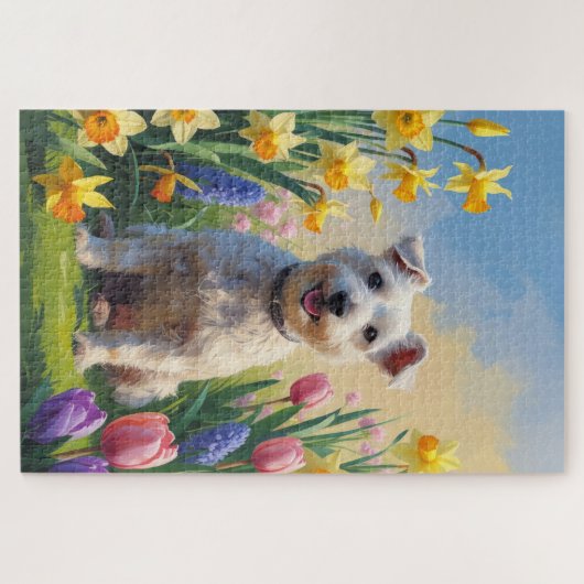 Wirefox Terrier Hond Spring Bloemen Schilderen Legpuzzel (Horizontaal)