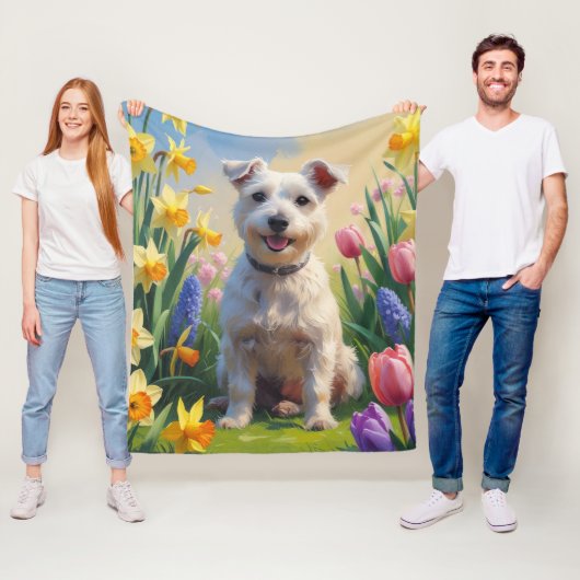 Wirefox Terrier Hond Voorjaarsbloemen Schilderij Fleece Deken (In situ)