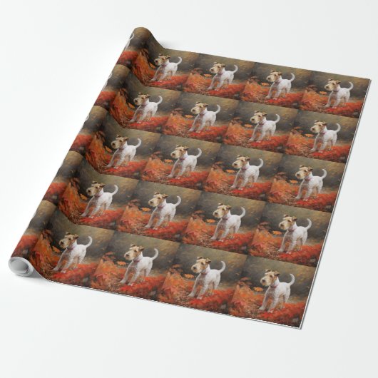 Wirefox Terrier in herfstbladeren val inspireert Cadeaupapier (Uitgerold)