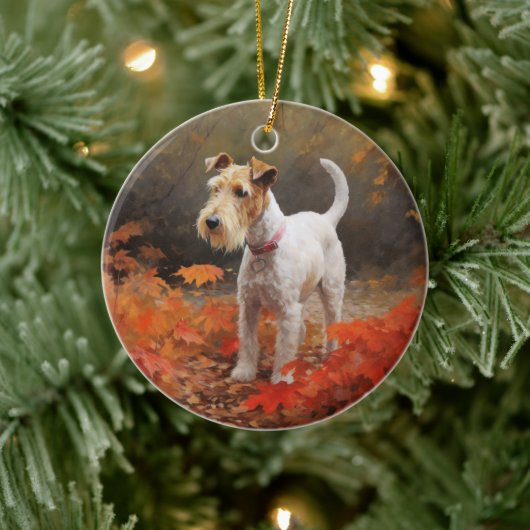 Wirefox Terrier in herfstbladeren val inspireert Keramisch Ornament (Boom)