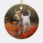 Wirefox Terrier in herfstbladeren val inspireert Keramisch Ornament (Voorkant)