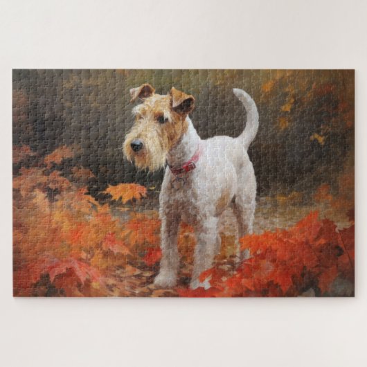 Wirefox Terrier in herfstbladeren val inspireert Legpuzzel (Horizontaal)