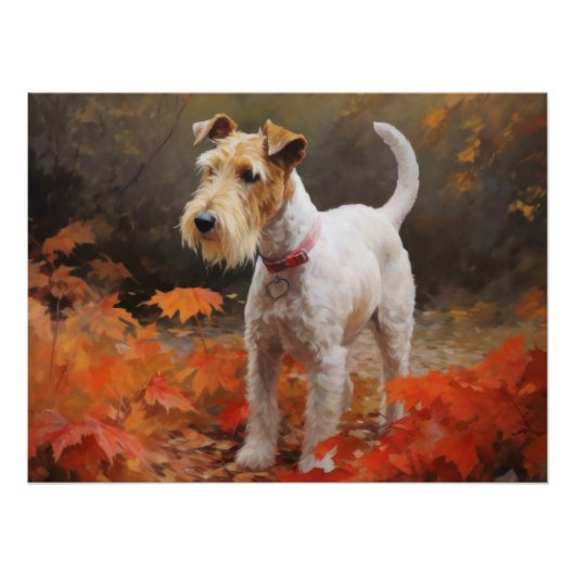 Wirefox Terrier in herfstbladeren val inspireert  Perfect Poster (Voorkant)