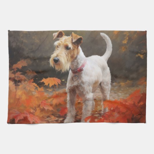 Wirefox Terrier in herfstbladeren val inspireert  Theedoek (Horizontaal)