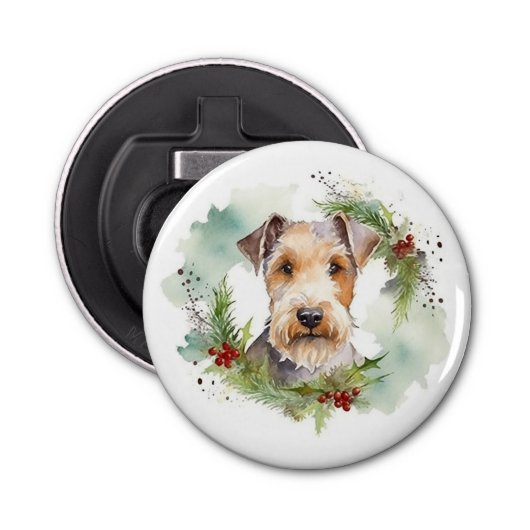 Wirefox Terrier Kerstkrans Feestelijke Pup Button Flesopener (Voorkant)
