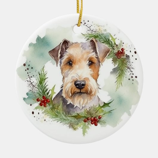 Wirefox Terrier Kerstkrans Feestelijke Pup Keramisch Ornament (Voorkant)