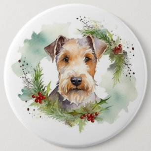 Wirefox Terrier Kerstkrans Feestelijke Pup Ronde Button 6,0 Cm