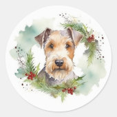 Wirefox Terrier Kerstkrans Feestelijke Pup Ronde Sticker (Voorkant)