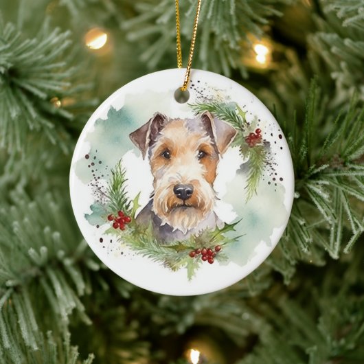 Wirefox Terrier Kerstkrans Festieve Pup Keramisch Ornament (Boom)