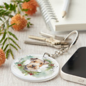 Wirefox Terrier Kerstkrans Festieve Pup Sleutelhanger (Voorkant Rechts)