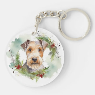 Wirefox Terrier Kerstkrans Festieve Pup Sleutelhanger