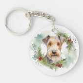Wirefox Terrier Kerstkrans Festieve Pup Sleutelhanger (Voorkant)