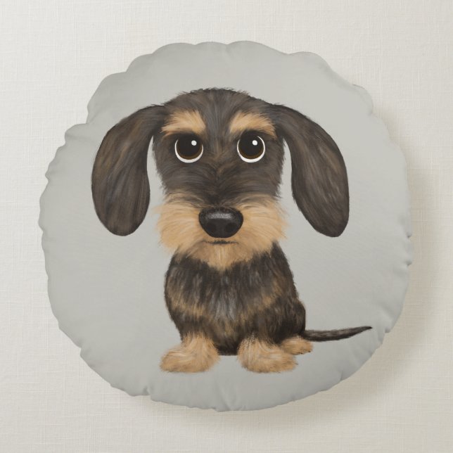 Wirehaered Dachshund | Cute Cartoon Dog Teckel Rond Kussen (Voorkant)