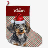 Wirehair Dachshund Dog Holiday Plaid Personalized Grote Kerstsok (Voorkant)