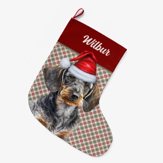 Wirehair Dachshund Dog Holiday Plaid Personalized Grote Kerstsok (Voorkant (Hangend))