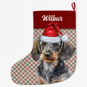 Wirehair Dachshund Dog Holiday Plaid Personalized Grote Kerstsok (Achterkant)