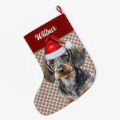 Wirehair Dachshund Dog Holiday Plaid Personalized Grote Kerstsok (Achterkant (Hangend))