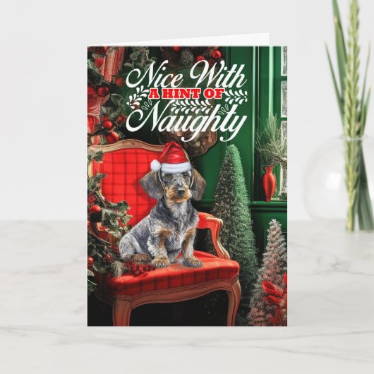 Wirehair Teckel Kersthond Naughty Nice Feestdagen Kaart (Voorkant)