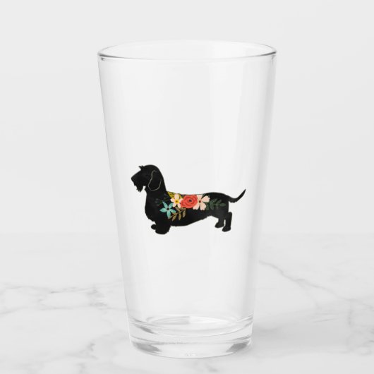 Wirehaire Dachshund Bohemian Floral Silhouette Glas (Voorkant)