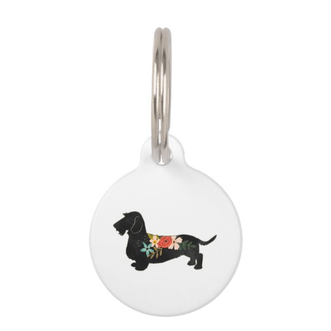Wirehaire Dachshund Bohemian Floral Silhouette Huisdierpenning (Voorkant)
