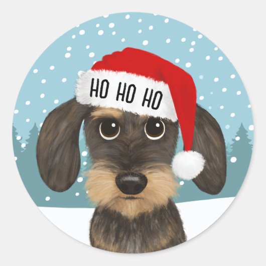 Wirehaired Dachshund Santa Schattige Dog Custom Ronde Sticker (Voorkant)