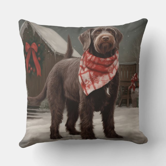 Wirehaired Pointing Dog in Sneeuw Kerstmis Kussen (Achterkant)