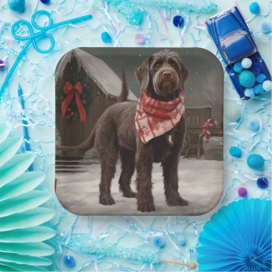 Wirehaired Pointing Dog in Sneeuw Kerstmis Papieren Bordje (Feest)