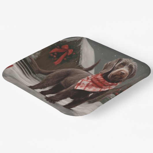Wirehaired Pointing Dog in Sneeuw Kerstmis Papieren Bordje (Gebogen)