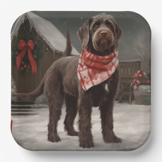 Wirehaired Pointing Dog in Sneeuw Kerstmis Papieren Bordje (Voorkant)
