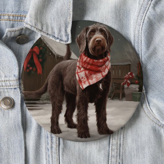 Wirehaired Pointing Dog in Sneeuw Kerstmis Ronde Button 6,0 Cm (In situ)