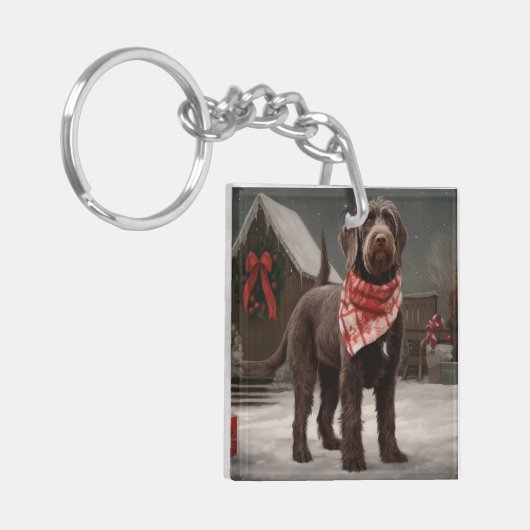Wirehaired Pointing Dog in Sneeuw Kerstmis Sleutelhanger (Voorkant Links)